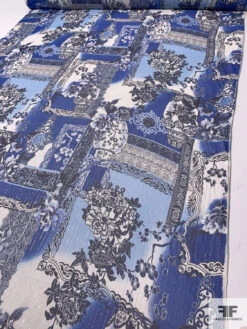 Floral Collage Printed Silk Chiffon With Silver Lurex Pinstripes - Blue / Navy / Off-White 17 Floral Collage Printed Silk Chiffon With Silver Lurex Pinstripes - Blue / Navy / Off-White -Fabrics And Fabrics Store 14462 7