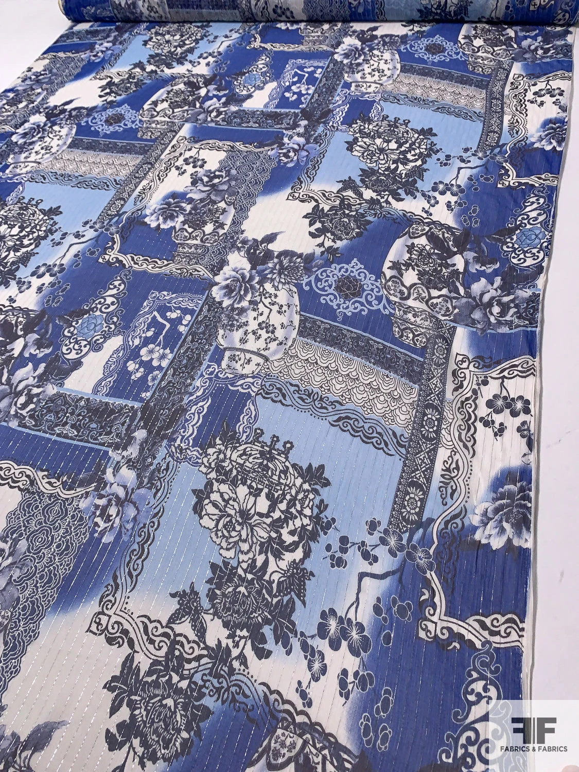 Floral Collage Printed Silk Chiffon With Silver Lurex Pinstripes - Blue / Navy / Off-White 10 Floral Collage Printed Silk Chiffon With Silver Lurex Pinstripes - Blue / Navy / Off-White - Image 8