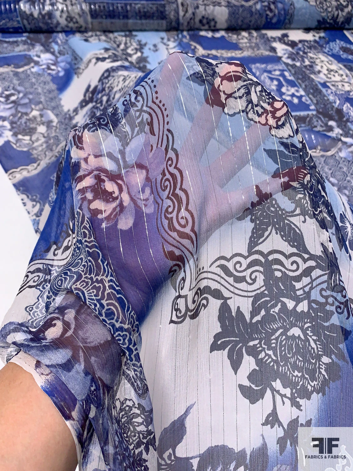 Floral Collage Printed Silk Chiffon With Silver Lurex Pinstripes - Blue / Navy / Off-White 4 Floral Collage Printed Silk Chiffon With Silver Lurex Pinstripes - Blue / Navy / Off-White - Image 2