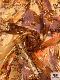 Romantic Floral Printed Burnout Silk-Rayon Chiffon - Shades Of Brown / Orange / Caramel