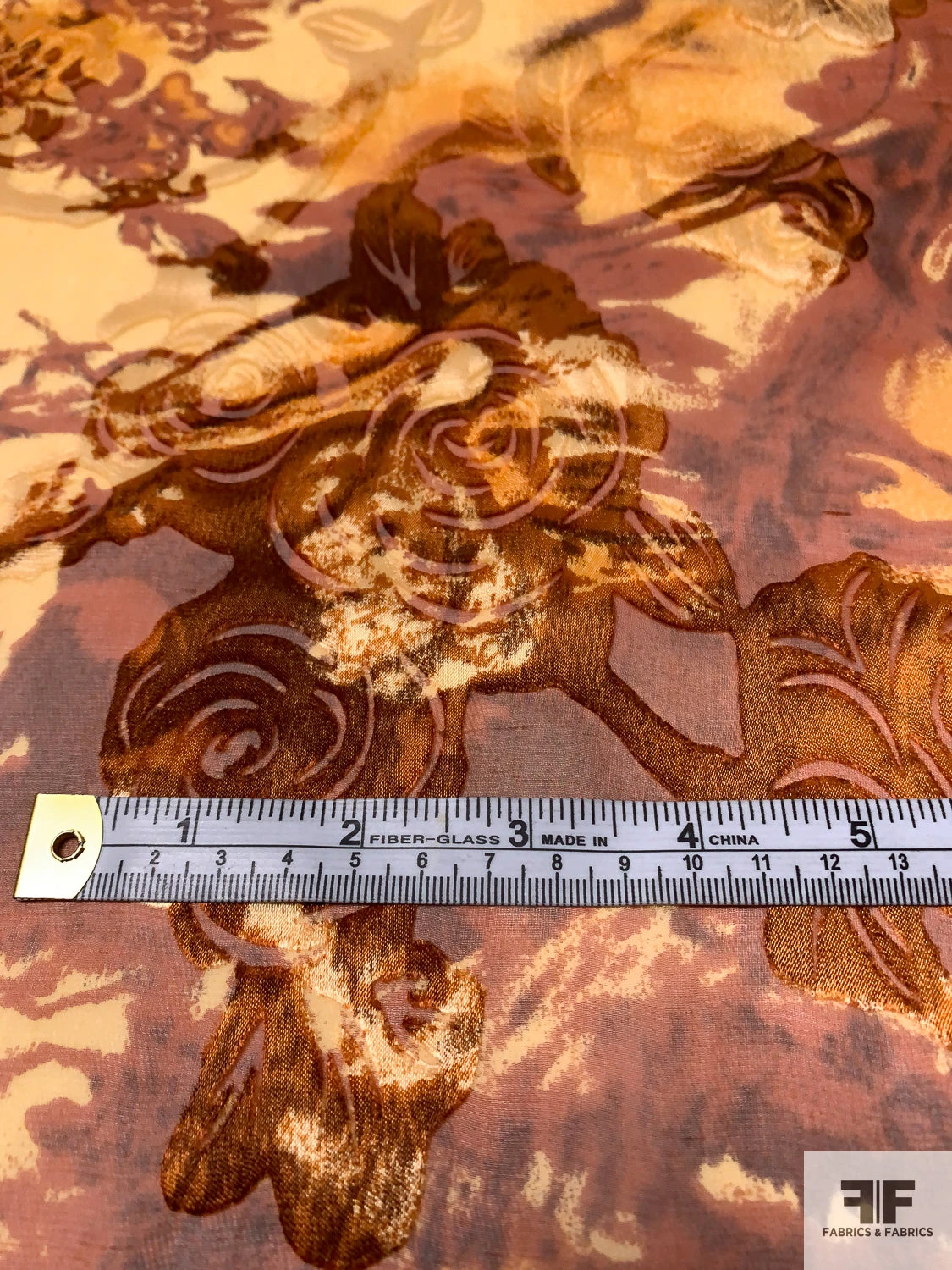 Romantic Floral Printed Burnout Silk-Rayon Chiffon - Shades Of Brown / Orange / Caramel 9 Romantic Floral Printed Burnout Silk-Rayon Chiffon - Shades Of Brown / Orange / Caramel - Image 7