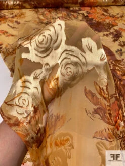 Romantic Floral Printed Burnout Silk-Rayon Chiffon - Shades Of Brown / Orange / Caramel 17 Romantic Floral Printed Burnout Silk-Rayon Chiffon - Shades Of Brown / Orange / Caramel -Fabrics And Fabrics Store 14495 8