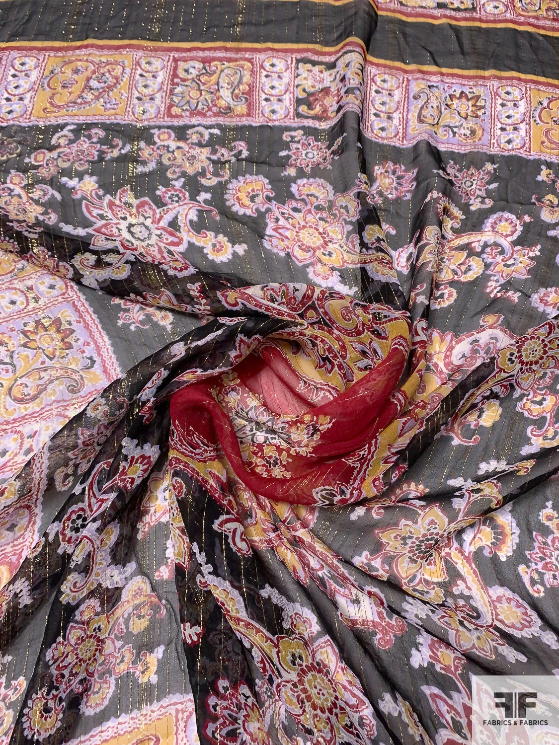 Paisley Box Frame Printed Metallic Silk Chiffon Panel - Wine Red / Mustard Yellow / Black / Gold 6 Paisley Box Frame Printed Metallic Silk Chiffon Panel - Wine Red / Mustard Yellow / Black / Gold - Image 4