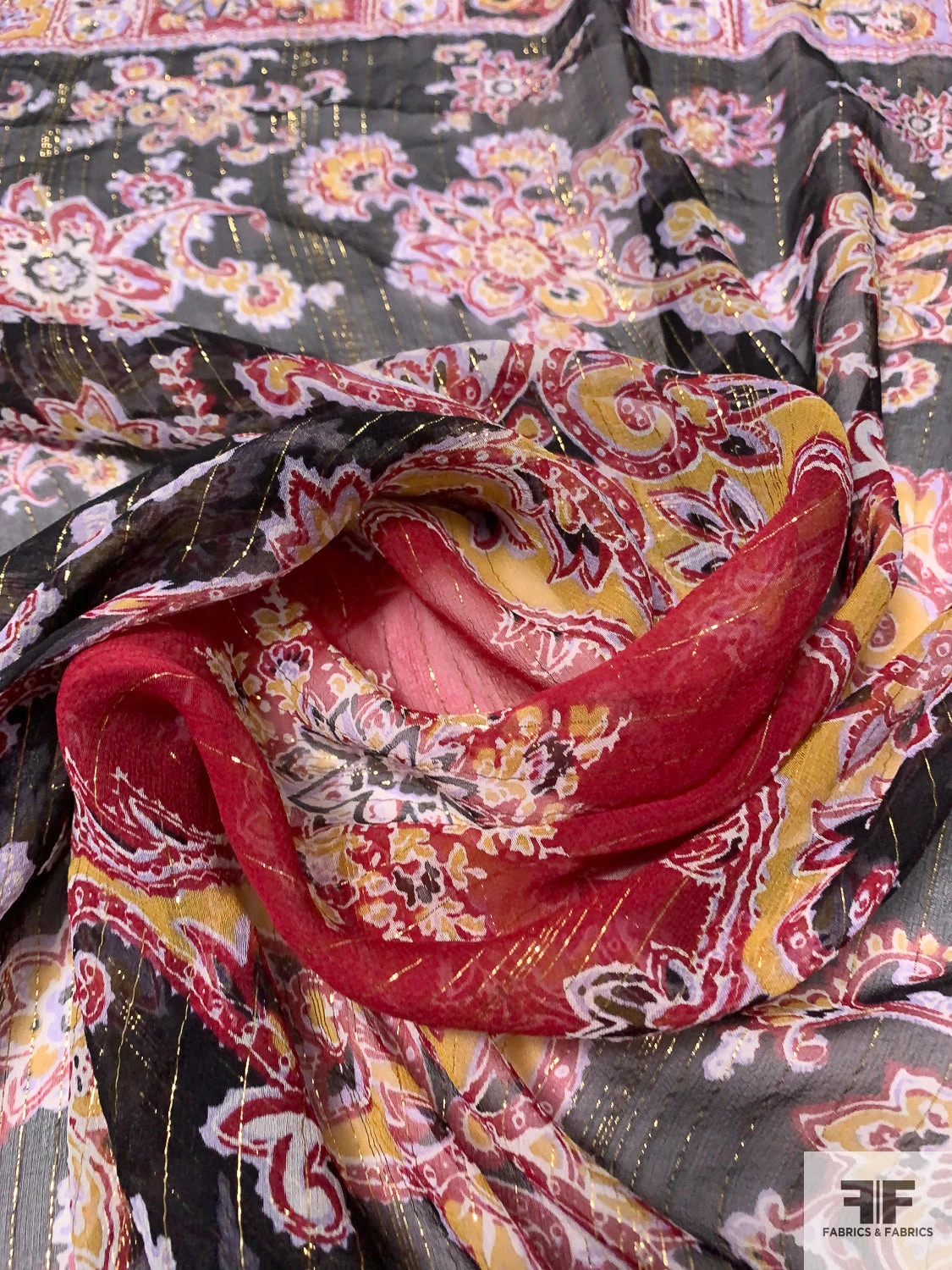 Paisley Box Frame Printed Metallic Silk Chiffon Panel - Wine Red / Mustard Yellow / Black / Gold 7 Paisley Box Frame Printed Metallic Silk Chiffon Panel - Wine Red / Mustard Yellow / Black / Gold - Image 5