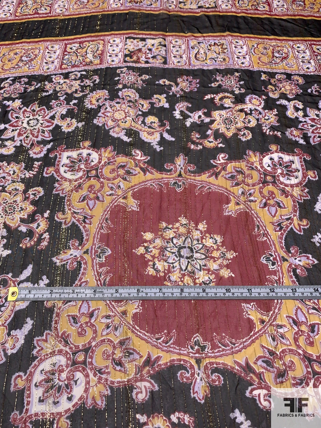 Paisley Box Frame Printed Metallic Silk Chiffon Panel - Wine Red / Mustard Yellow / Black / Gold 9 Paisley Box Frame Printed Metallic Silk Chiffon Panel - Wine Red / Mustard Yellow / Black / Gold - Image 7