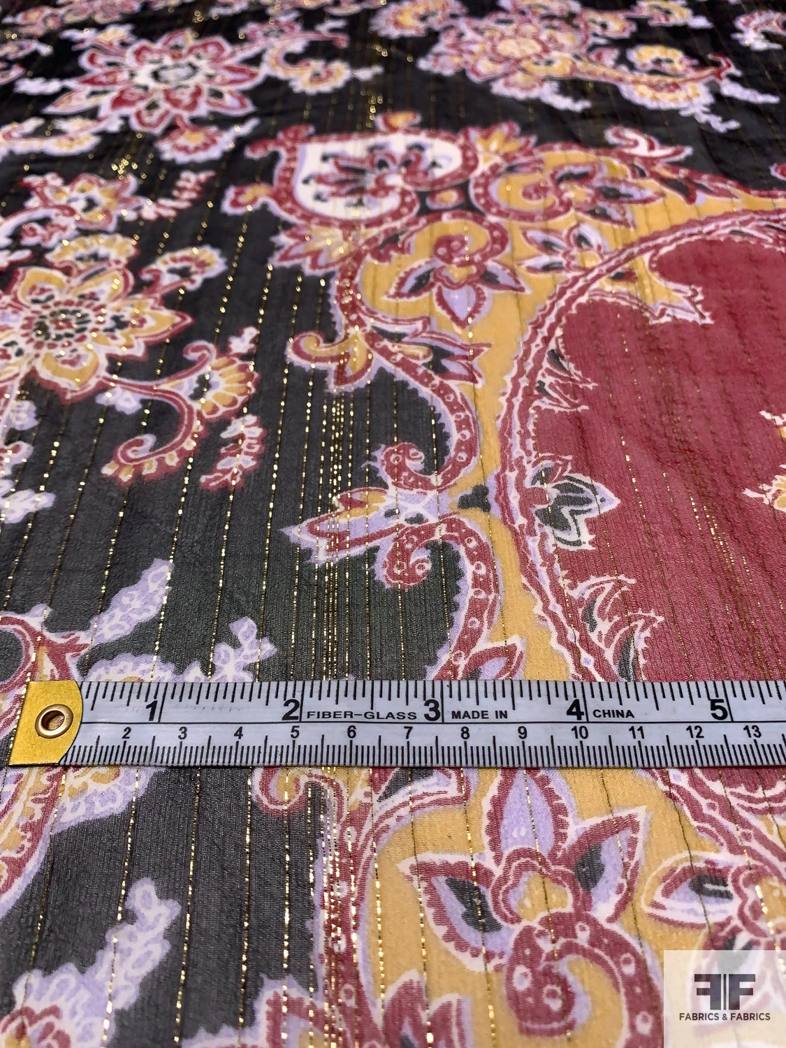 Paisley Box Frame Printed Metallic Silk Chiffon Panel - Wine Red / Mustard Yellow / Black / Gold 10 Paisley Box Frame Printed Metallic Silk Chiffon Panel - Wine Red / Mustard Yellow / Black / Gold - Image 8