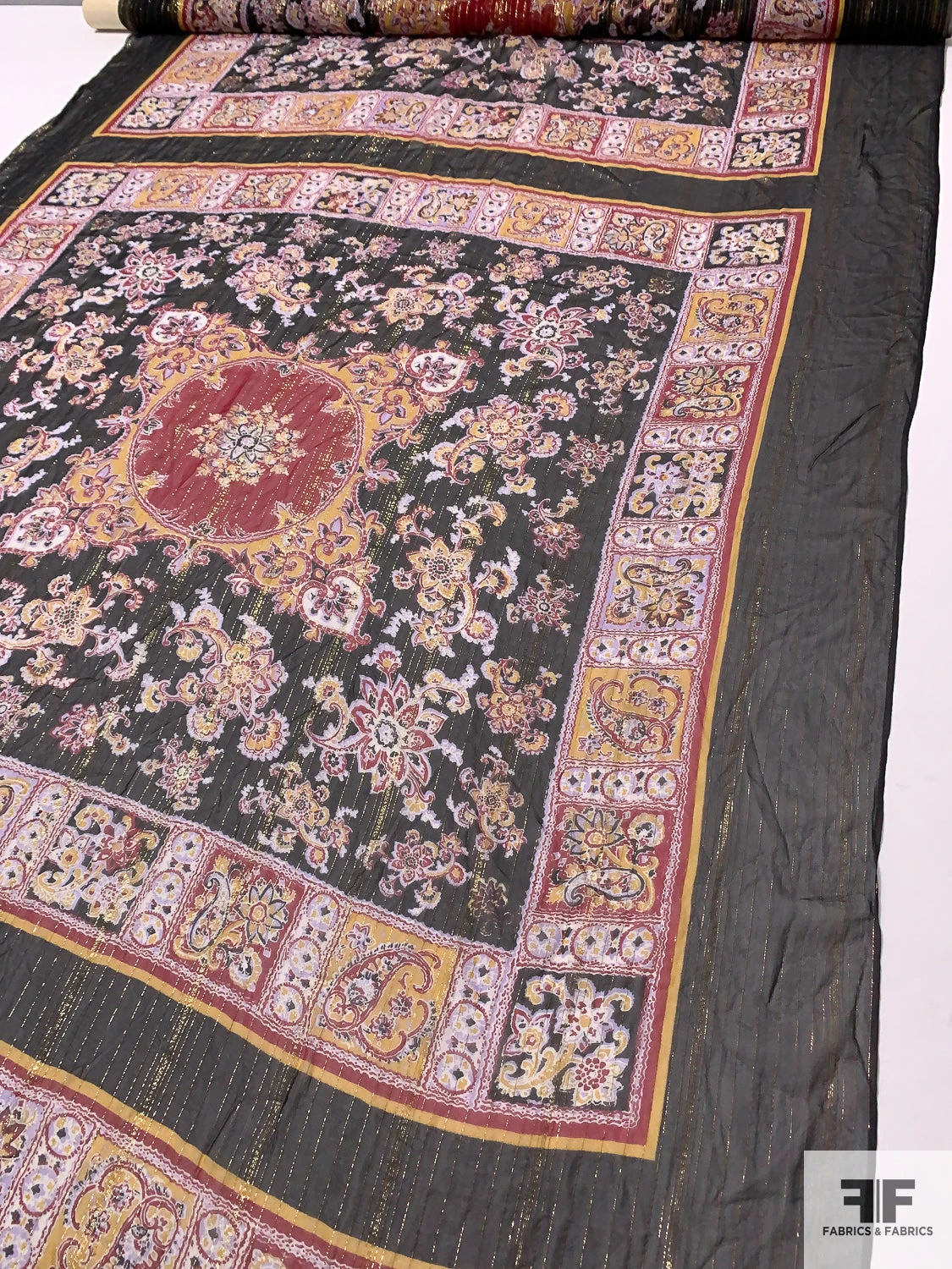 Paisley Box Frame Printed Metallic Silk Chiffon Panel - Wine Red / Mustard Yellow / Black / Gold 3 Paisley Box Frame Printed Metallic Silk Chiffon Panel - Wine Red / Mustard Yellow / Black / Gold