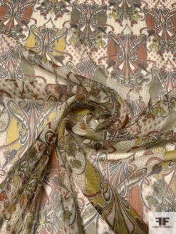 Exotic Printed Silk Chiffon With Gold Lurex Pinstripes - Olive Green / Chartreuse / Burnt Orange