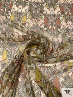 Exotic Printed Silk Chiffon With Gold Lurex Pinstripes - Olive Green / Chartreuse / Burnt Orange -Fabrics And Fabrics Store 14507 2