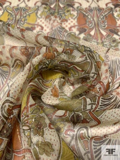 Exotic Printed Silk Chiffon With Gold Lurex Pinstripes - Olive Green / Chartreuse / Burnt Orange -Fabrics And Fabrics Store 14507 3