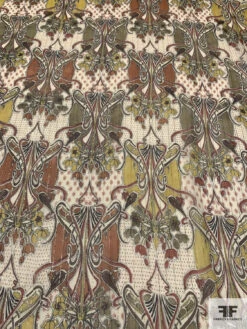 Exotic Printed Silk Chiffon With Gold Lurex Pinstripes - Olive Green / Chartreuse / Burnt Orange -Fabrics And Fabrics Store 14507 4