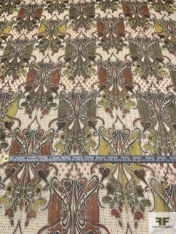 Exotic Printed Silk Chiffon With Gold Lurex Pinstripes - Olive Green / Chartreuse / Burnt Orange -Fabrics And Fabrics Store 14507 5