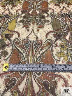 Exotic Printed Silk Chiffon With Gold Lurex Pinstripes - Olive Green / Chartreuse / Burnt Orange -Fabrics And Fabrics Store 14507 6