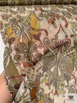 Exotic Printed Silk Chiffon With Gold Lurex Pinstripes - Olive Green / Chartreuse / Burnt Orange -Fabrics And Fabrics Store 14507 8