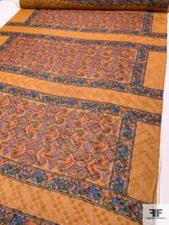 Painterly Frame Printed And Shimmery Clip Dot Silk Chiffon Panel - Autumn Orange / Blues / Green