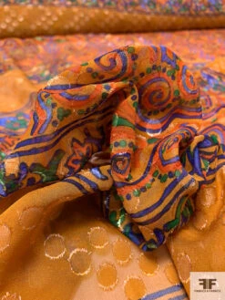 Painterly Frame Printed And Shimmery Clip Dot Silk Chiffon Panel - Autumn Orange / Blues / Green -Fabrics And Fabrics Store 14508 8