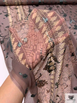 Floral Burnout And Border Pattern Printed Silk-Rayon Chiffon - Mocha Latte / Dark Sage / Beige