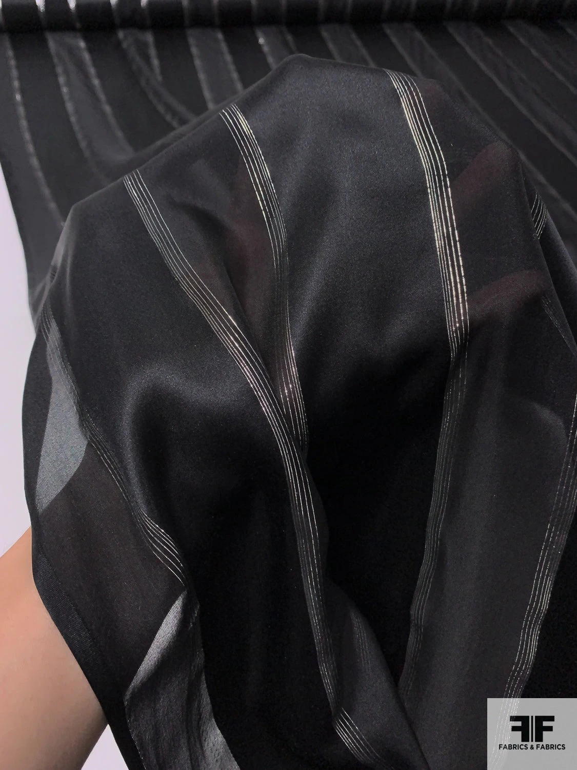Satin Striped Silk Chiffon With Lurex Pinstripes - Black / Silver 10 Satin Striped Silk Chiffon With Lurex Pinstripes - Black / Silver - Image 8
