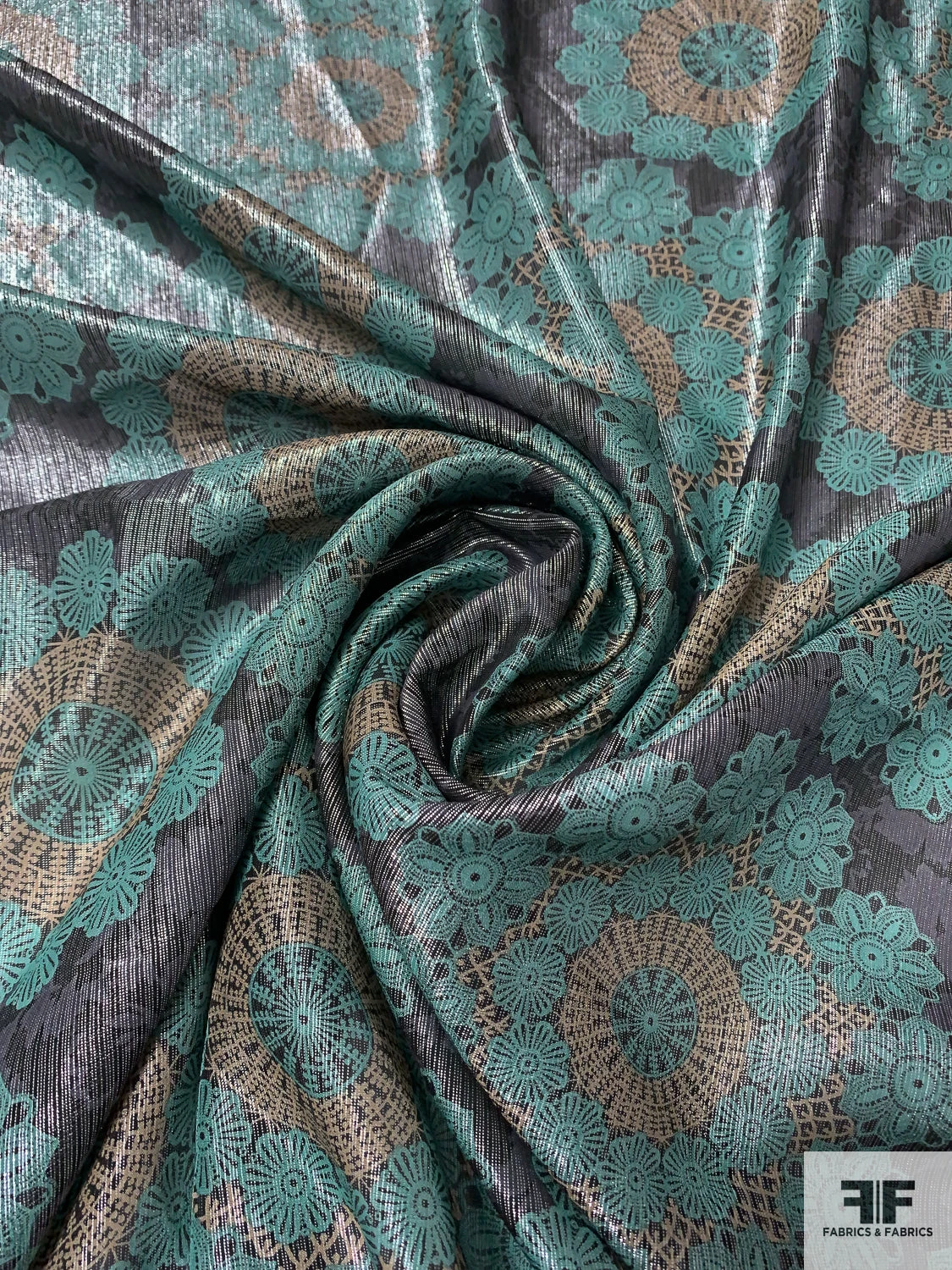 Medallion Floral Printed Silk Chiffon With Lurex Pinstripes - Jade / Tan / Black / Silver 3 Medallion Floral Printed Silk Chiffon With Lurex Pinstripes - Jade / Tan / Black / Silver