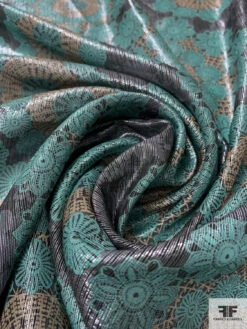 Medallion Floral Printed Silk Chiffon With Lurex Pinstripes - Jade / Tan / Black / Silver 11 Medallion Floral Printed Silk Chiffon With Lurex Pinstripes - Jade / Tan / Black / Silver -Fabrics And Fabrics Store 14605 3