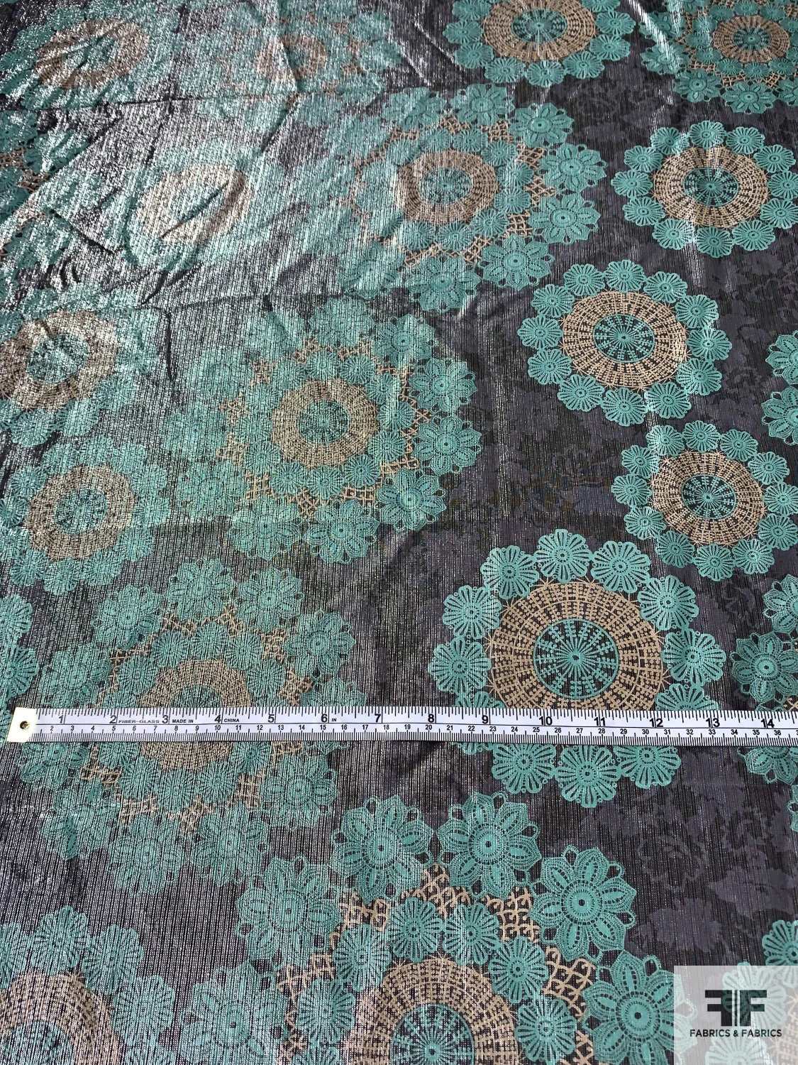 Medallion Floral Printed Silk Chiffon With Lurex Pinstripes - Jade / Tan / Black / Silver 7 Medallion Floral Printed Silk Chiffon With Lurex Pinstripes - Jade / Tan / Black / Silver - Image 5
