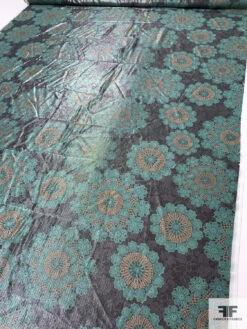 Medallion Floral Printed Silk Chiffon With Lurex Pinstripes - Jade / Tan / Black / Silver 16 Medallion Floral Printed Silk Chiffon With Lurex Pinstripes - Jade / Tan / Black / Silver -Fabrics And Fabrics Store 14605 7