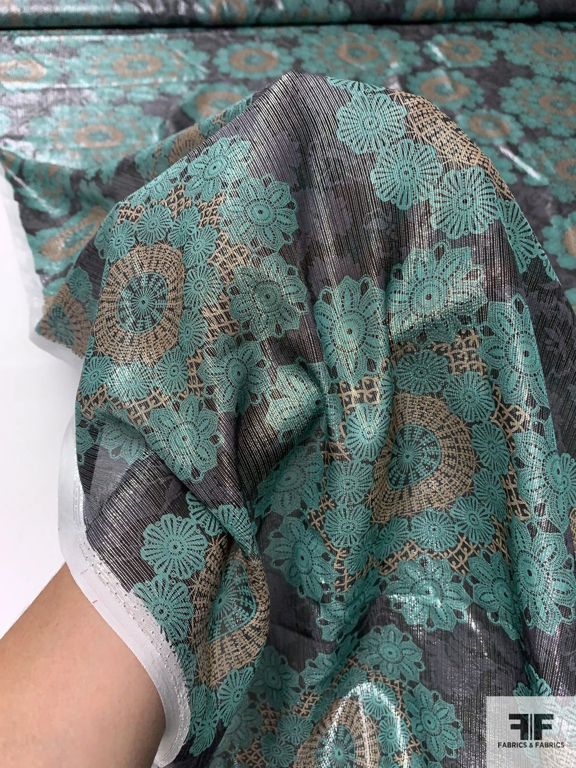 Medallion Floral Printed Silk Chiffon With Lurex Pinstripes - Jade / Tan / Black / Silver 10 Medallion Floral Printed Silk Chiffon With Lurex Pinstripes - Jade / Tan / Black / Silver - Image 8