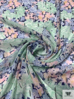 Floral Printed Silk Chiffon With Metallic Detailing - Minty Green / Navy / Light Peach -Fabrics And Fabrics Store 14606 2