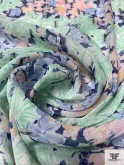 Floral Printed Silk Chiffon With Metallic Detailing - Minty Green / Navy / Light Peach -Fabrics And Fabrics Store 14606 3