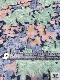 Floral Printed Silk Chiffon With Metallic Detailing - Minty Green / Navy / Light Peach -Fabrics And Fabrics Store 14606 6