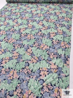 Floral Printed Silk Chiffon With Metallic Detailing - Minty Green / Navy / Light Peach -Fabrics And Fabrics Store 14606 7