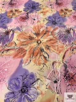 Watercolor Floral Printed Burnout Chiffon - Pinks / Lavender / Burnt Coral / Yellow