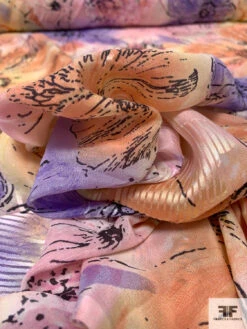 Watercolor Floral Printed Burnout Chiffon - Pinks / Lavender / Burnt Coral / Yellow -Fabrics And Fabrics Store 14615 8