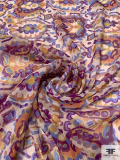 Ethnic Printed Silk Chiffon With Lurex Pinstripes - Purple / Periwinkle / Orange / Yellow / Nude -Fabrics And Fabrics Store 14617 2