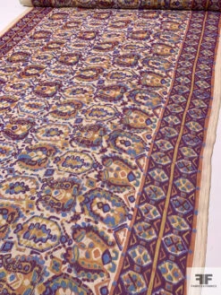 Ethnic Printed Silk Chiffon With Lurex Pinstripes - Purple / Periwinkle / Orange / Yellow / Nude