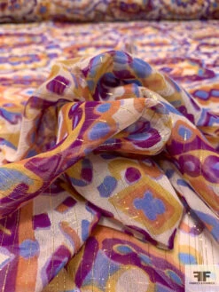Ethnic Printed Silk Chiffon With Lurex Pinstripes - Purple / Periwinkle / Orange / Yellow / Nude -Fabrics And Fabrics Store 14617 8