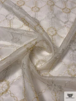 Floral And Leaf Embroidered Silk Organza With Lurex Detailing - Ivory / Silver / Gold -Fabrics And Fabrics Store 14653 2