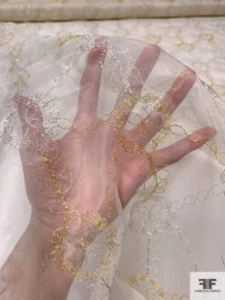 Floral And Leaf Embroidered Silk Organza With Lurex Detailing - Ivory / Silver / Gold -Fabrics And Fabrics Store 14653 8