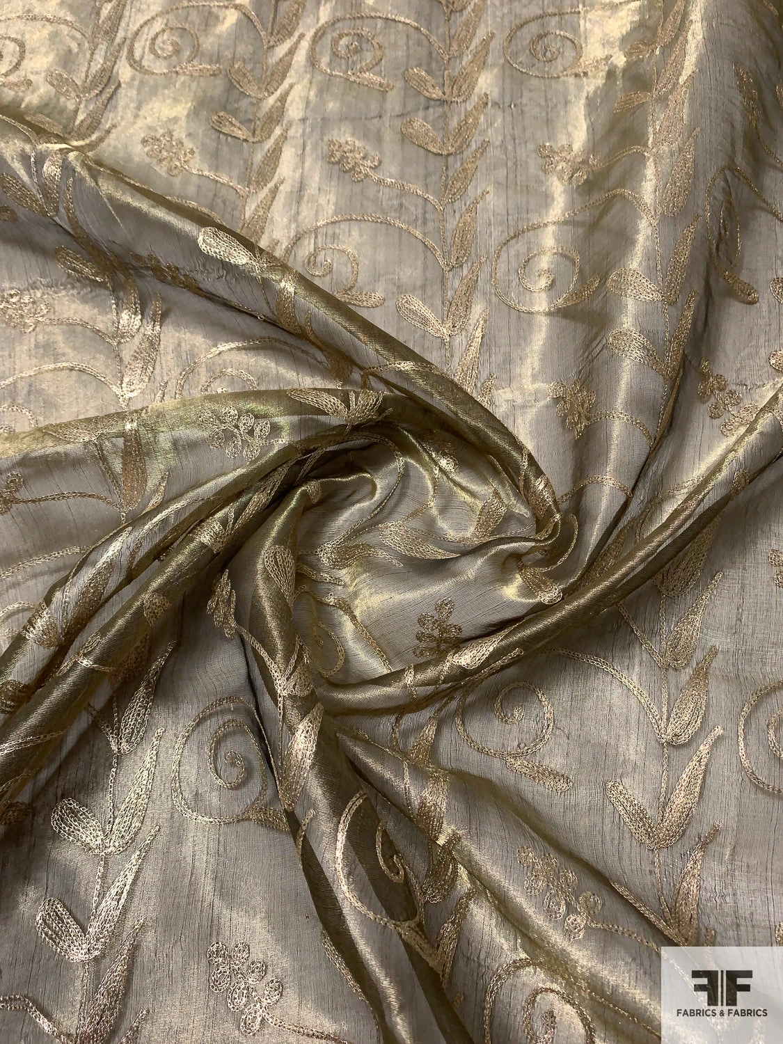 Metallic Organza With Vine Metallic Thread Embroidery - Gold / Black 4 Metallic Organza With Vine Metallic Thread Embroidery - Gold / Black - Image 2