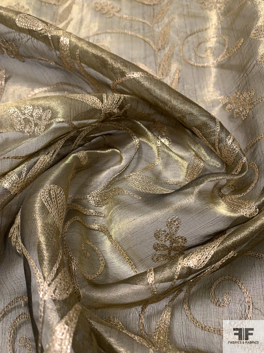 Metallic Organza With Vine Metallic Thread Embroidery - Gold / Black 6 Metallic Organza With Vine Metallic Thread Embroidery - Gold / Black - Image 4