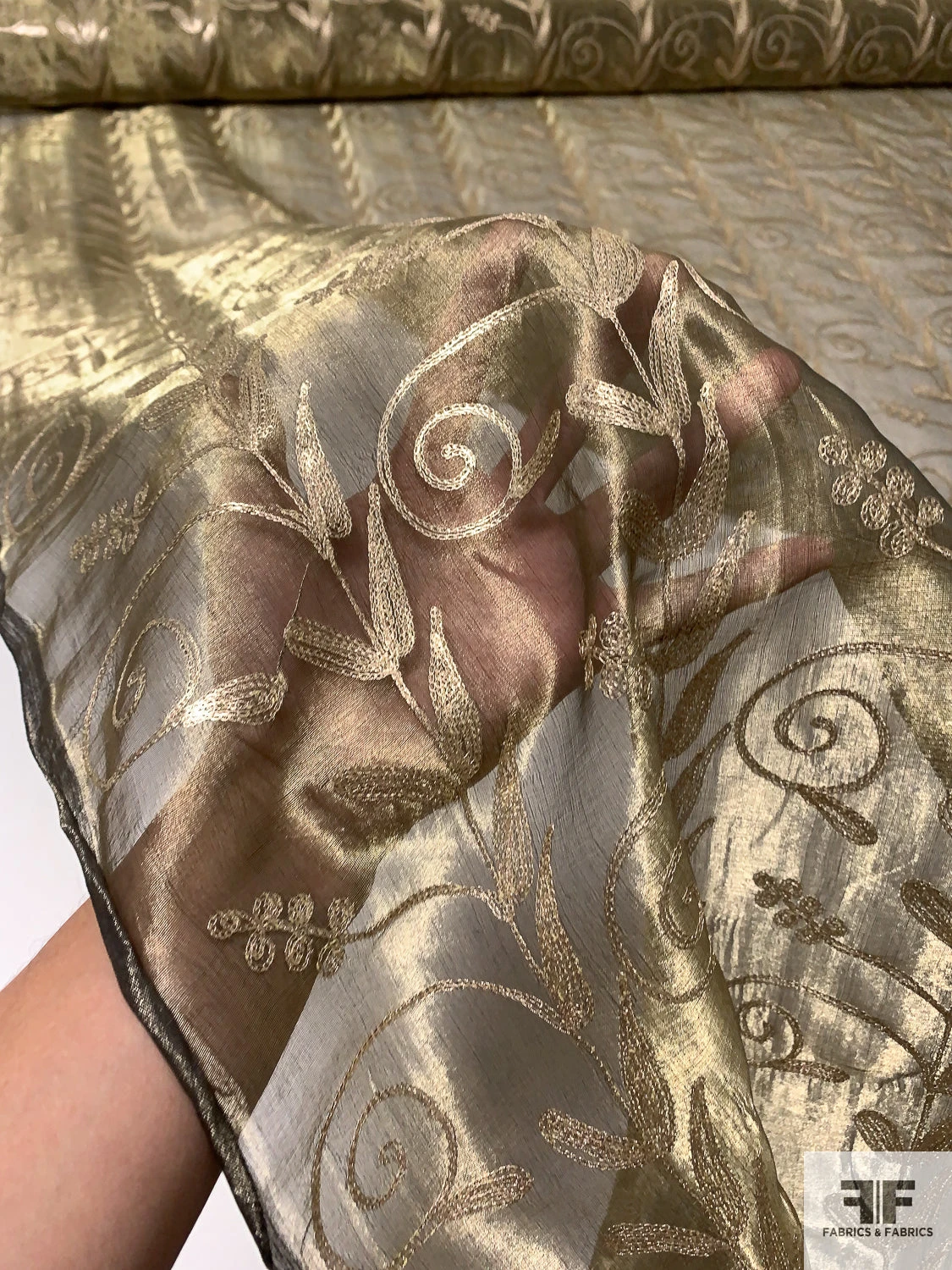 Metallic Organza With Vine Metallic Thread Embroidery - Gold / Black 3 Metallic Organza With Vine Metallic Thread Embroidery - Gold / Black