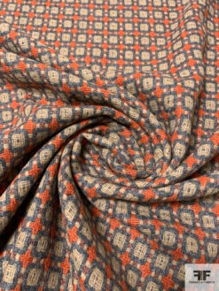 Italian Geometric Lattice Wool Blend Tweed Suiting - Heather Grey / Burnt Orange / Tan -Fabrics And Fabrics Store 14808 2