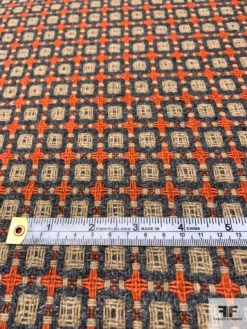 Italian Geometric Lattice Wool Blend Tweed Suiting - Heather Grey / Burnt Orange / Tan -Fabrics And Fabrics Store 14808 5