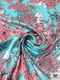 Trailing Floral Printed Silk Charmeuse - Aqua / Pink / Black 12 Trailing Floral Printed Silk Charmeuse - Aqua / Pink / Black -Fabrics And Fabrics Store 14945 2