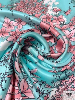 Trailing Floral Printed Silk Charmeuse - Aqua / Pink / Black 13 Trailing Floral Printed Silk Charmeuse - Aqua / Pink / Black -Fabrics And Fabrics Store 14945 3