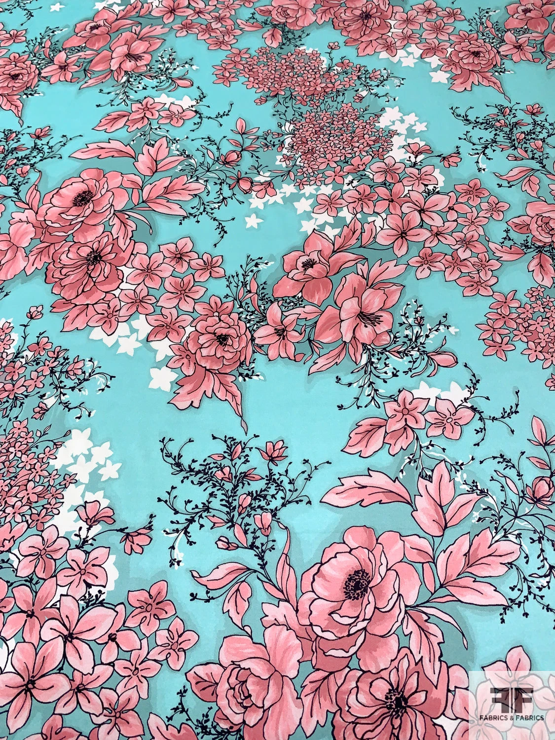 Trailing Floral Printed Silk Charmeuse - Aqua / Pink / Black 4 Trailing Floral Printed Silk Charmeuse - Aqua / Pink / Black - Image 2