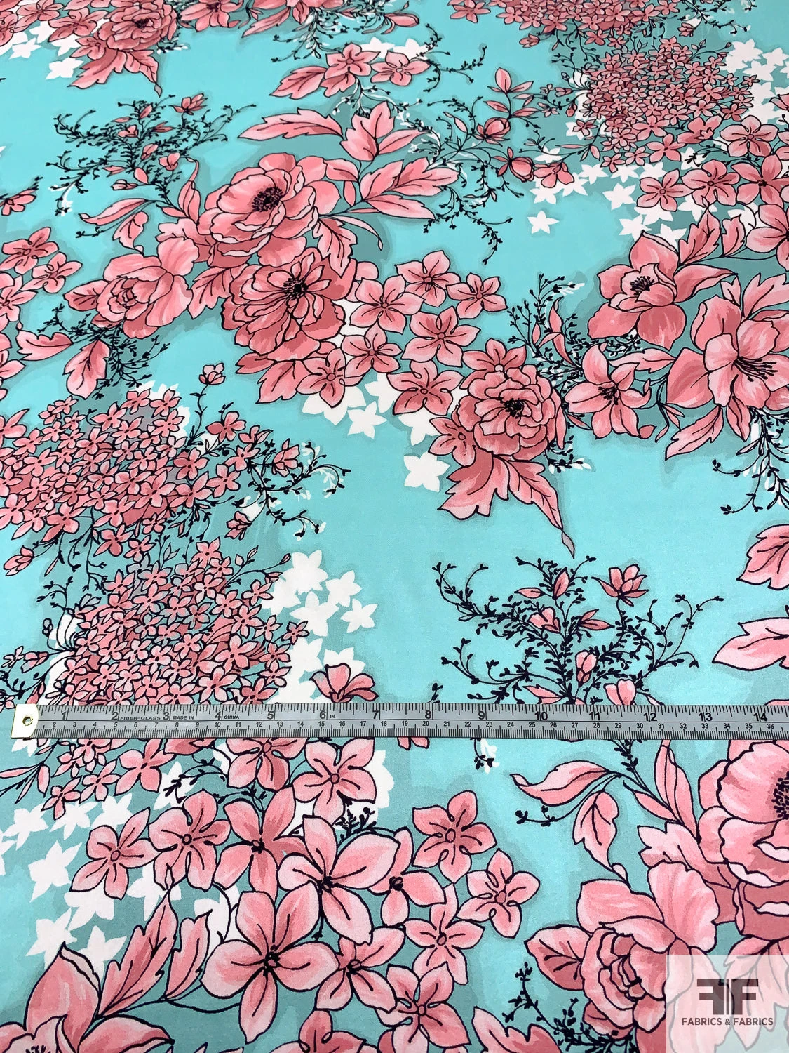 Trailing Floral Printed Silk Charmeuse - Aqua / Pink / Black 7 Trailing Floral Printed Silk Charmeuse - Aqua / Pink / Black - Image 5