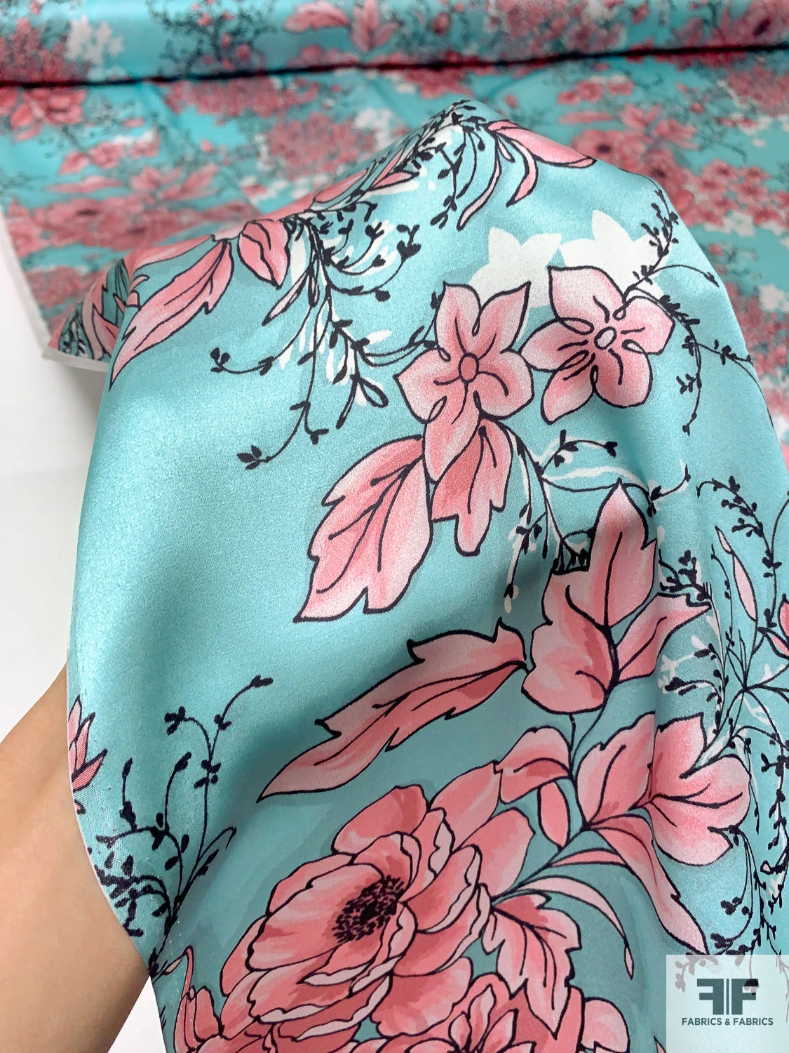 Trailing Floral Printed Silk Charmeuse - Aqua / Pink / Black 10 Trailing Floral Printed Silk Charmeuse - Aqua / Pink / Black - Image 8