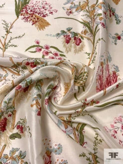 Floral And Leaf Stems Printed Silk Shantung, - Pear Green / Tan / Cranberry / Light Ivory -Fabrics And Fabrics Store 15004 2