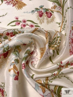 Floral And Leaf Stems Printed Silk Shantung, - Pear Green / Tan / Cranberry / Light Ivory -Fabrics And Fabrics Store 15004 3